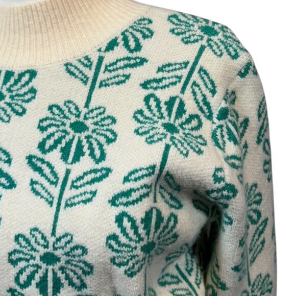 &merci Green and Beige Mock-Neck Flower Sweater - Size S - Picture 2 of 9